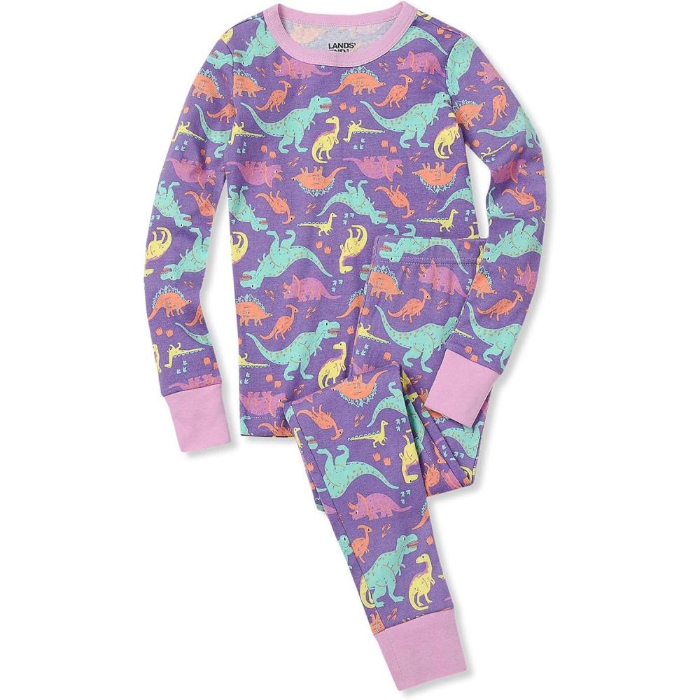 imageLands End Kids Pattern Snug Fit Pajama SetBright Purple Dinos