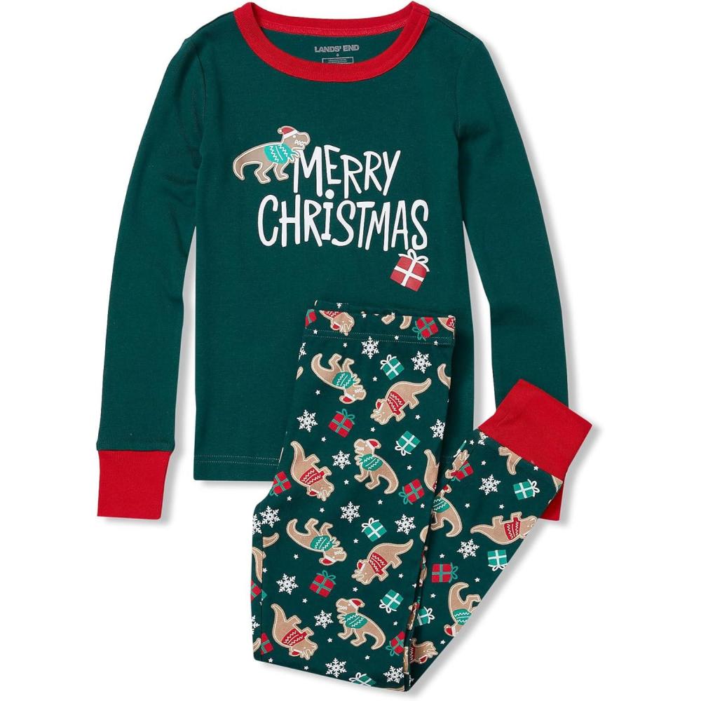 imageLands End Kids Pattern Snug Fit Pajama SetGreen Christmas Dinos