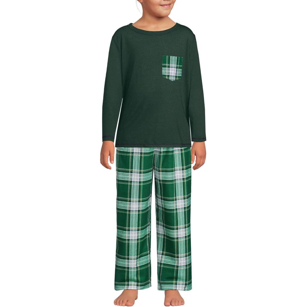 imageLands End Kids Soft Jersey Pocket Sleep Top UltraSoft Cotton Blend TagFree Cozy Fit Fun for Bedtime ComfortEmerald Plaid