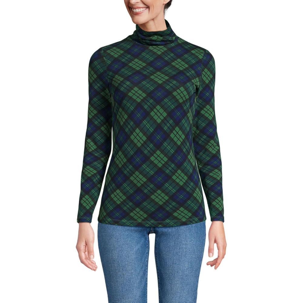 imageLands End Lightweight Jersey Long Sleeve TurtleneckLight Emerald Blackwatch Plaid