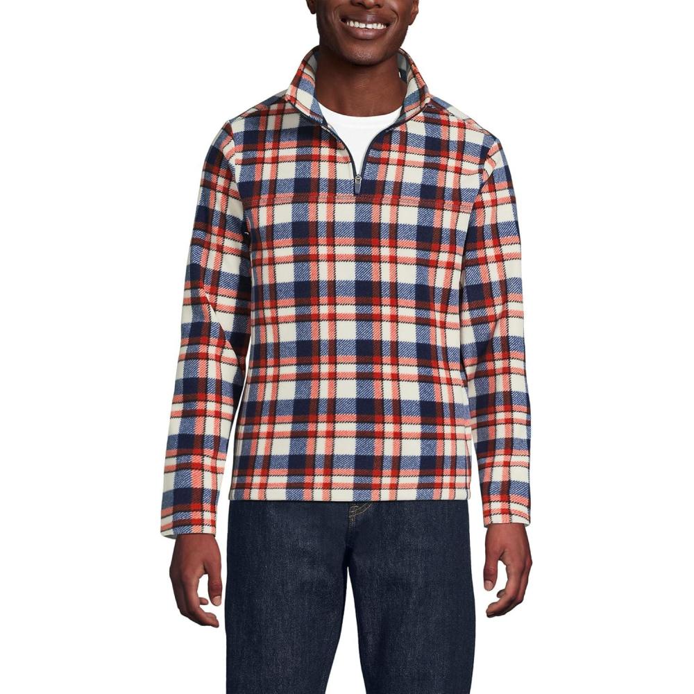 imageLands End Mens Anyweather Fleece Quarter Zip PulloverNavyBourbon Plaid