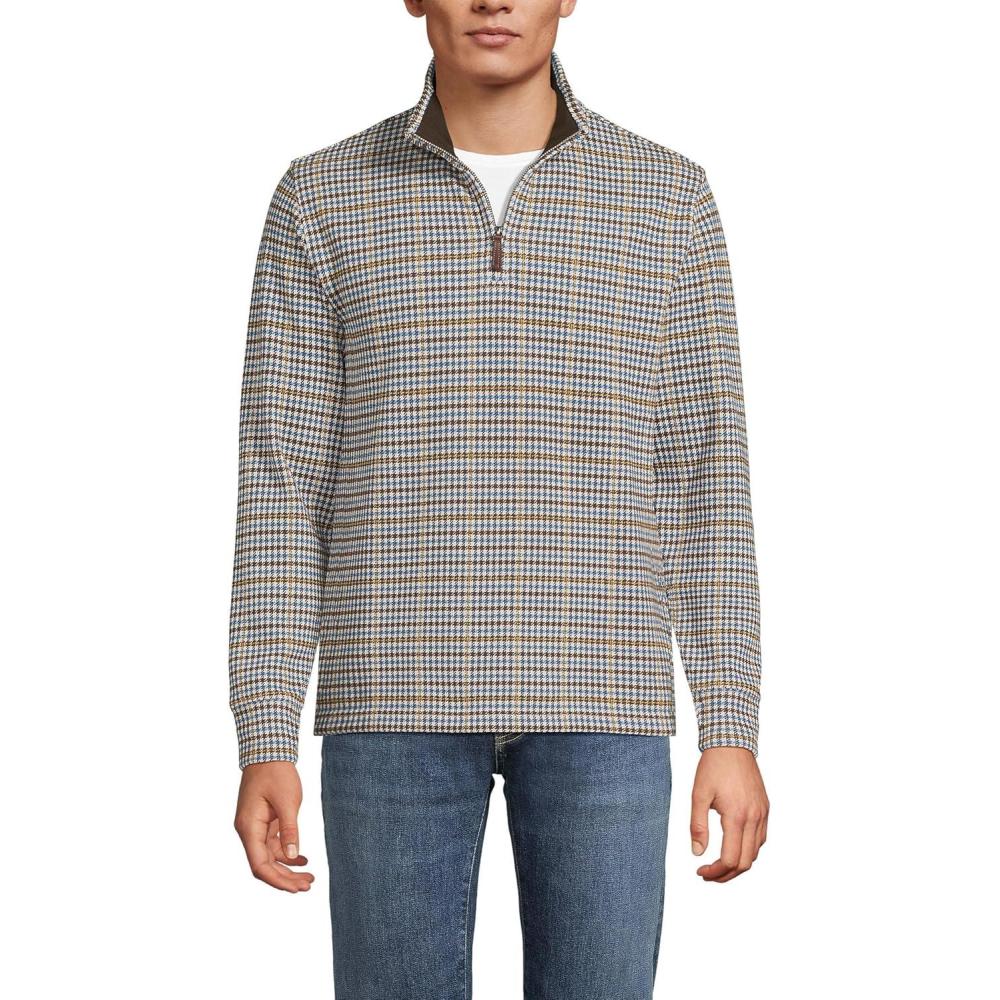 imageLands End Mens Bedford Rib Casual Quarter Zip SweaterIvory LatteBrown Houndstooth