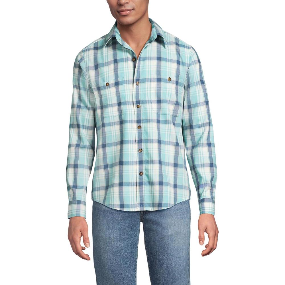 imageLands End Mens Coastal FlannelMint SkyBlue Plaid