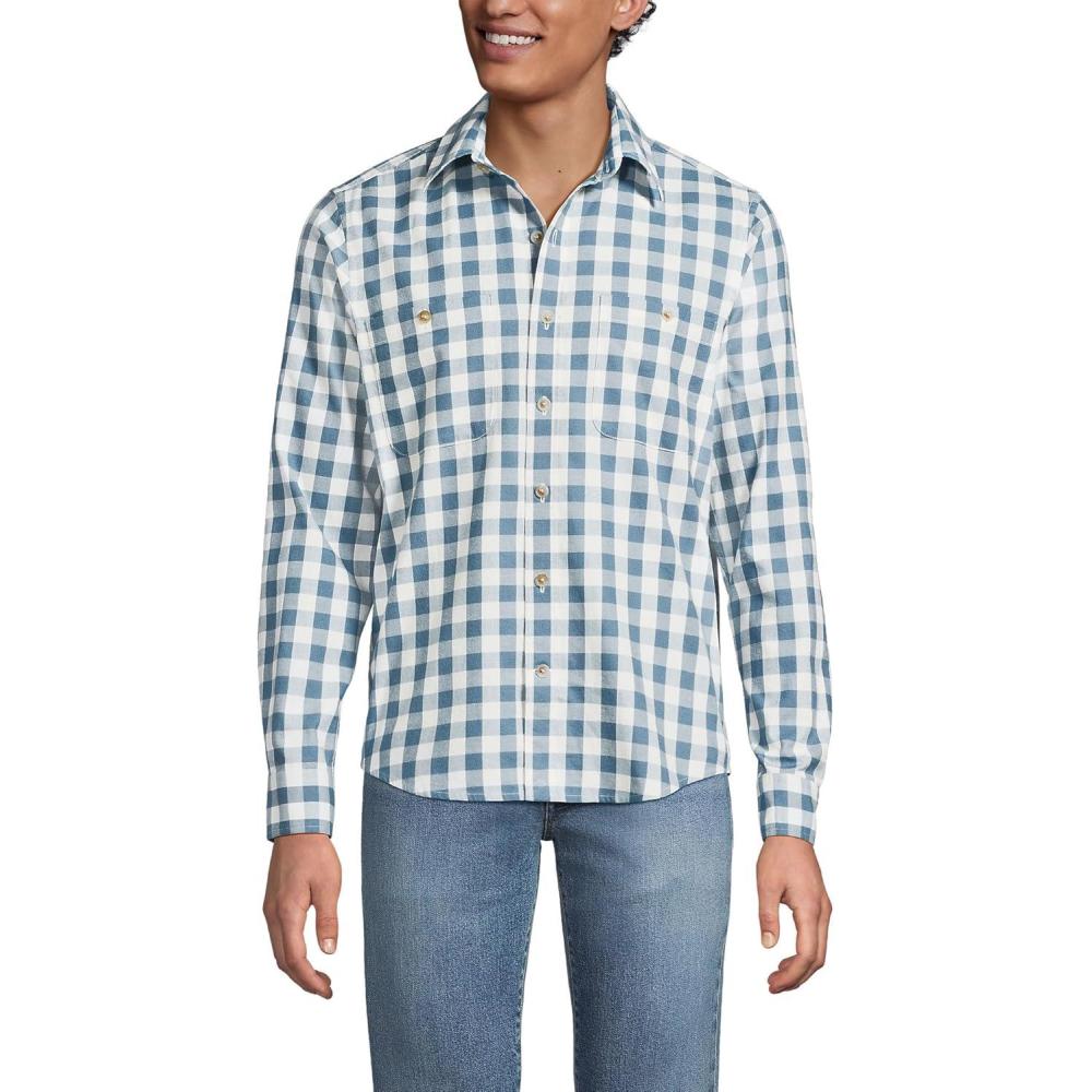 imageLands End Mens Coastal FlannelSoft PeacockIvory Check