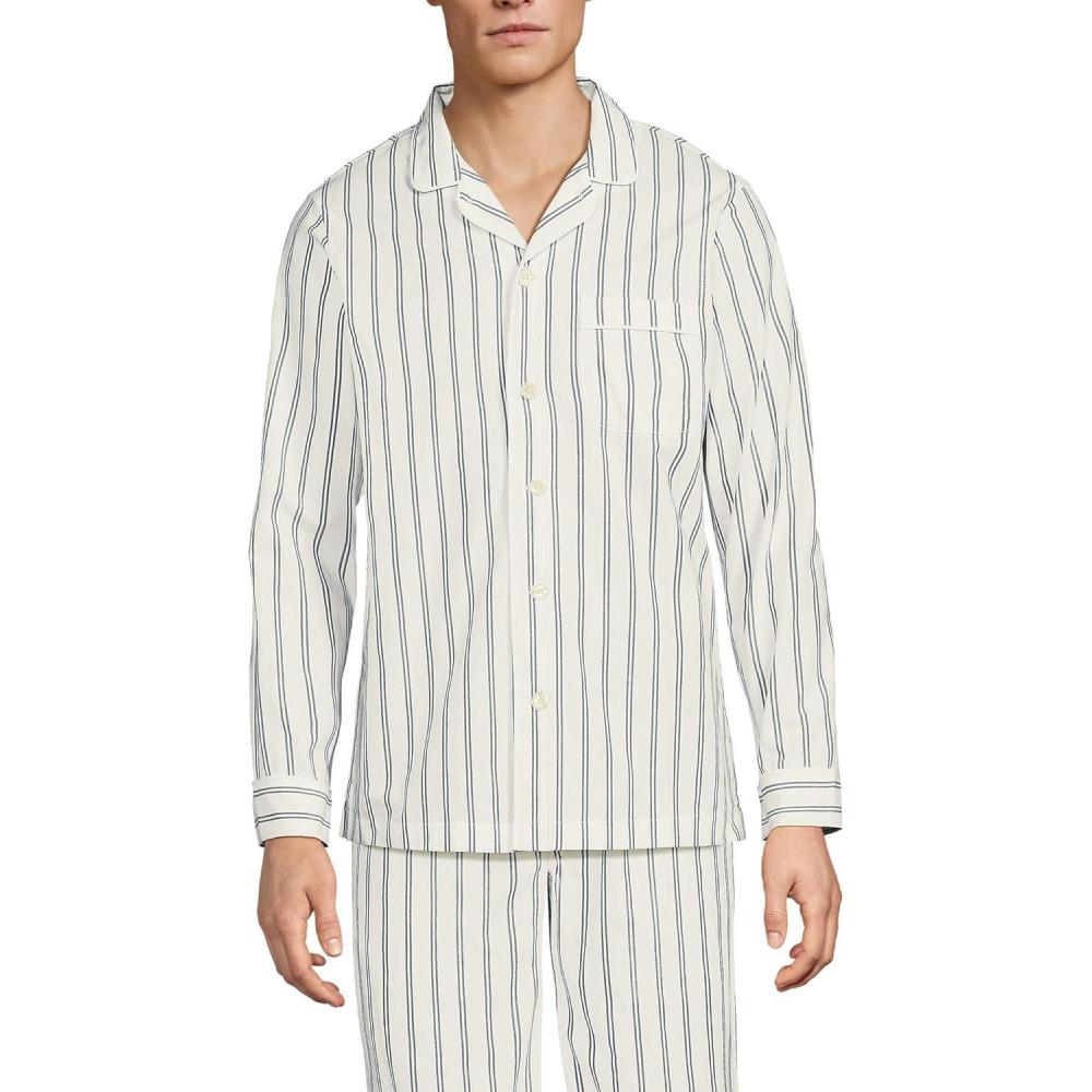 imageLands End Mens Essential Pajama ShirtEgret White Double Stripe