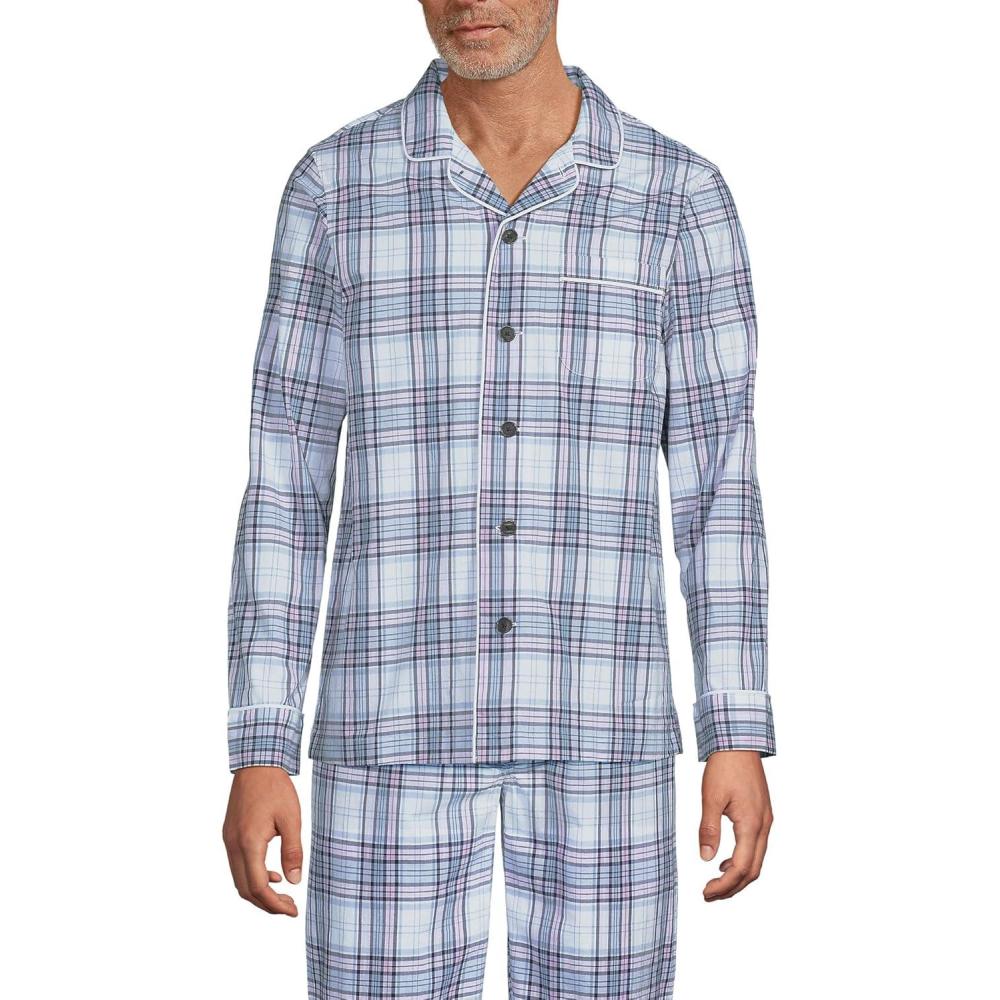 imageLands End Mens Essential Pajama ShirtPale Slate BlueLavender Plaid