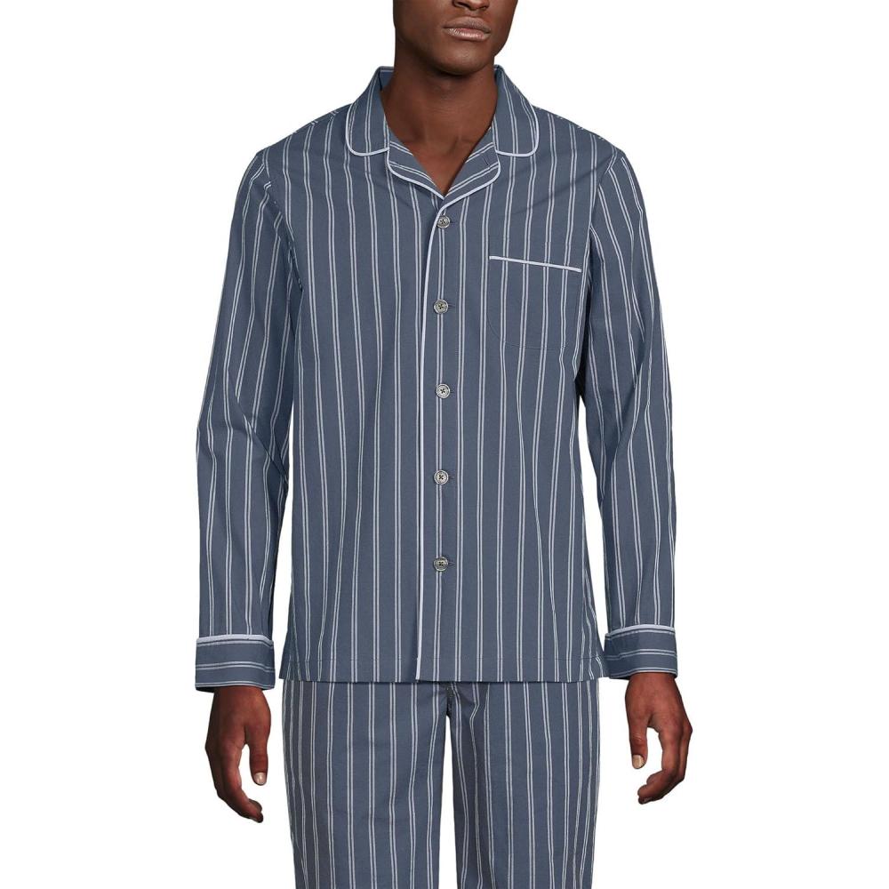 imageLands End Mens Essential Pajama ShirtSlate Blue Double Stripe