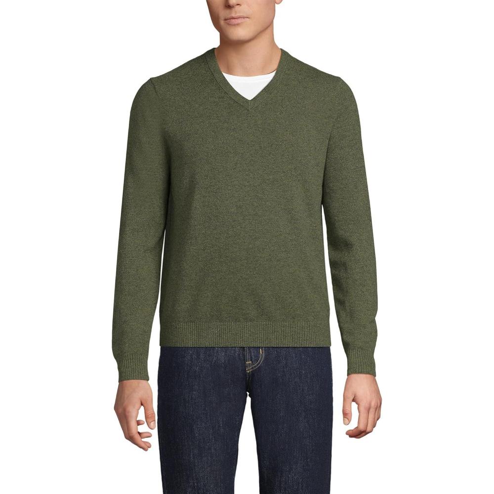 imageLands End Mens Fine Gauge Cashmere VNeck SweaterWildwood Moss Heather