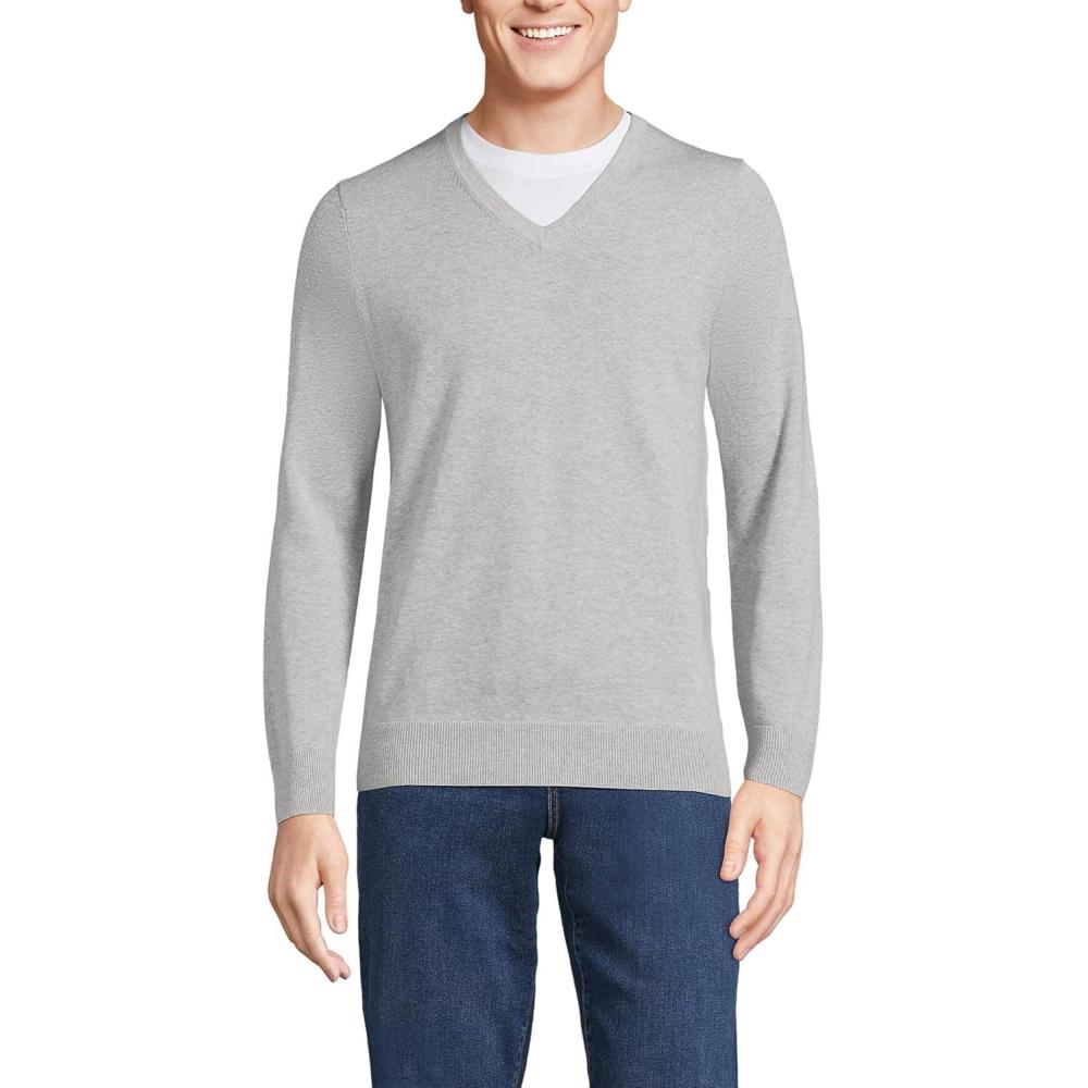 imageLands End Mens Fine Gauge Cotton V Neck SweaterGray Heather