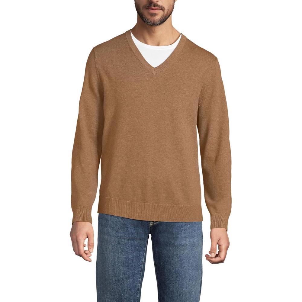 imageLands End Mens Fine Gauge Cotton V Neck SweaterSoft Camel Brown Heather