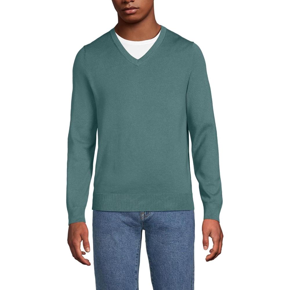 imageLands End Mens Fine Gauge Cotton V Neck SweaterTourmaline