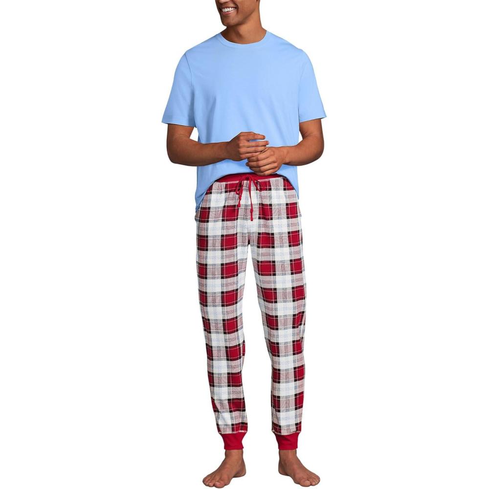 imageLands End Mens Knit Jersey Pajama Sleep SetIvoryRich Red Plaid