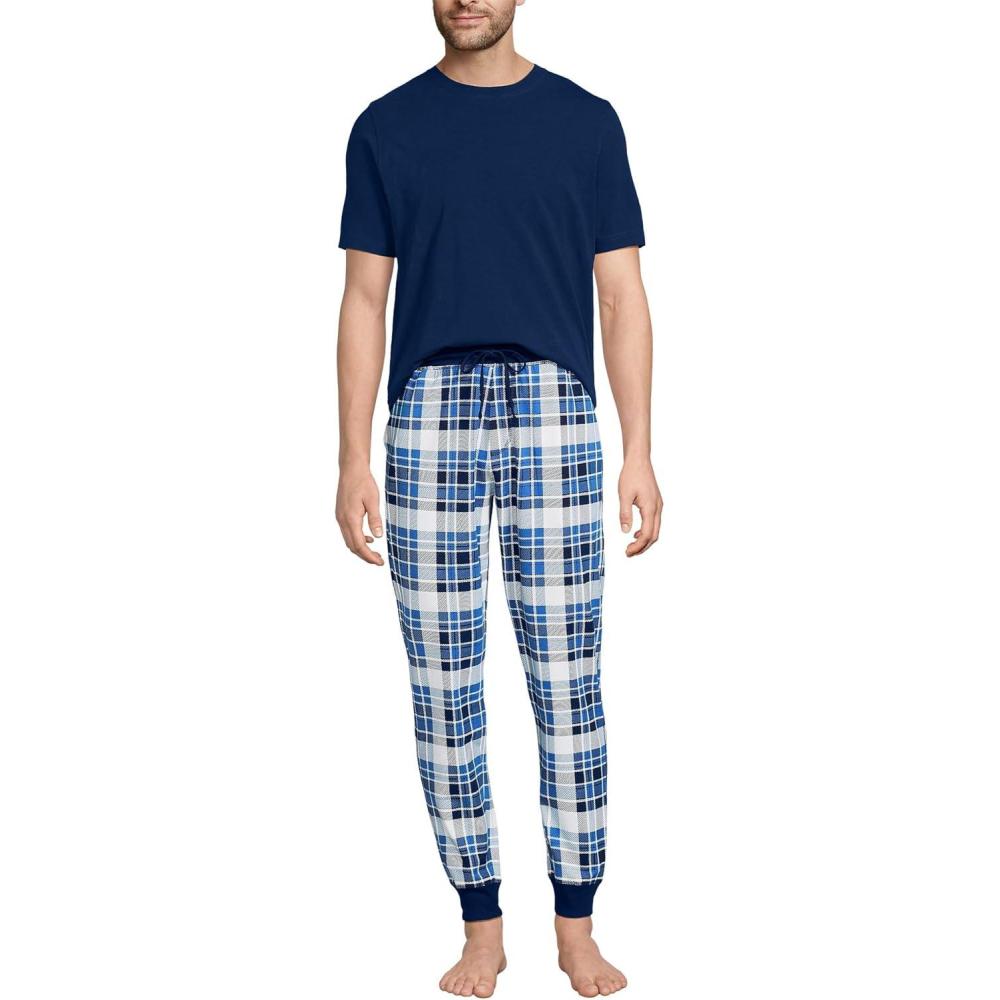 imageLands End Mens Knit Jersey Pajama Sleep SetMuted Cobalt Blue Plaid