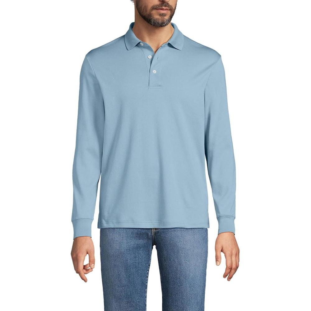 imageLands End Mens Long Sleeve AmericanGrown Supima Cotton Polo ShirtLight Storm Blue