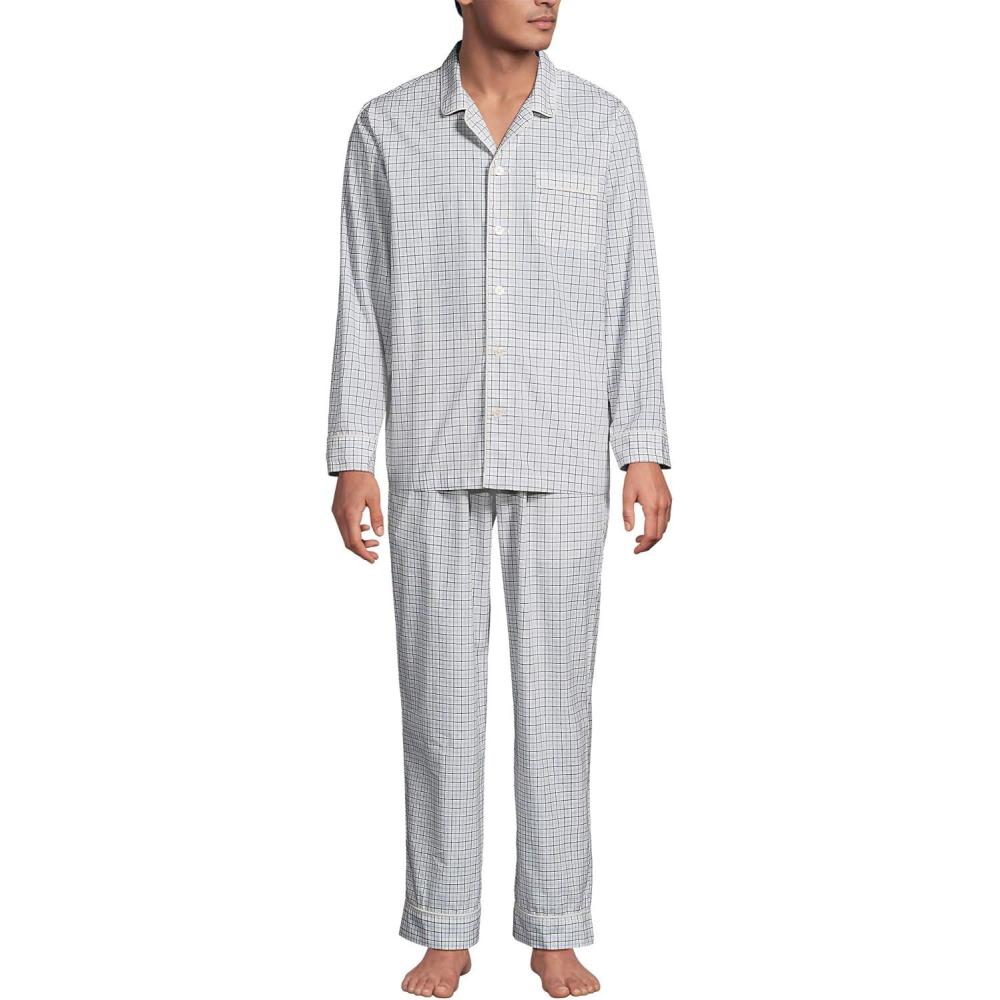 imageLands End Mens Long Sleeve Essential Pajama SetIvoryBlue Tattersall