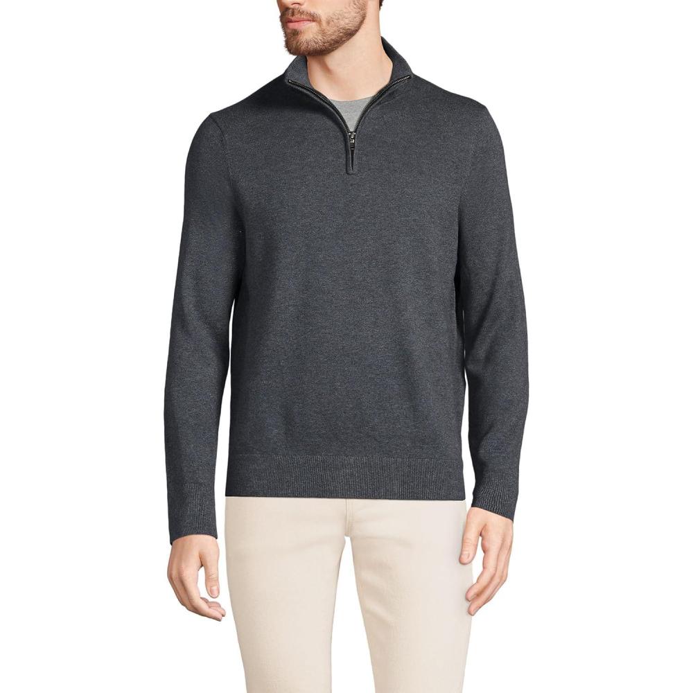 imageLands End Mens Long Sleeve Fine Gauge Cotton Quarter Zip SweaterCharcoal Heather