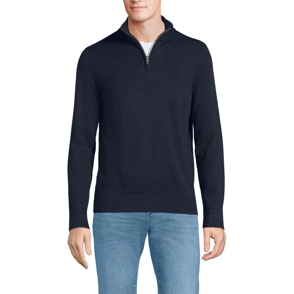 imageLands End Mens Long Sleeve Fine Gauge Cotton Quarter Zip SweaterRadiant Navy