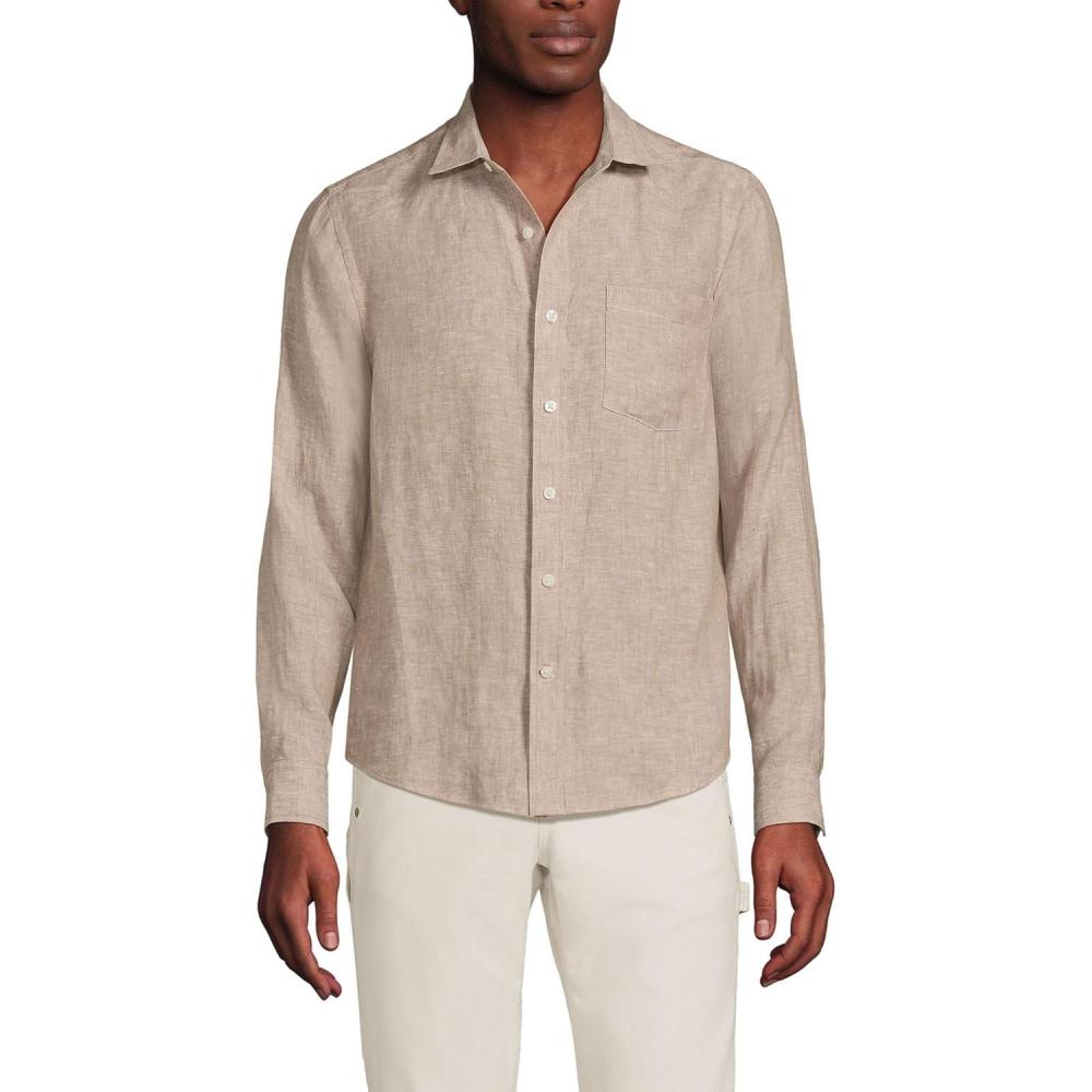imageLands End Mens Long Sleeve Linen ShirtRich Camel