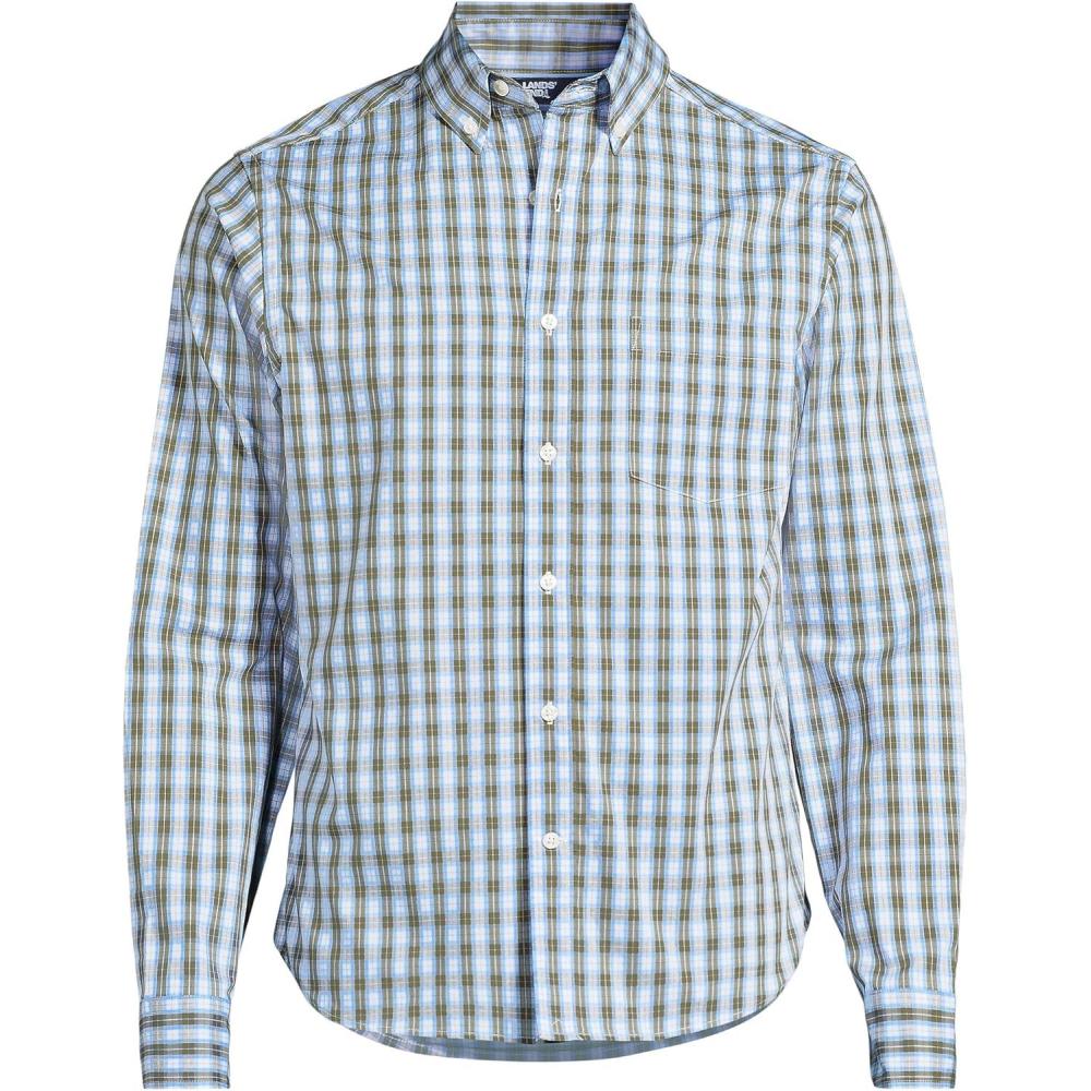 imageLands End Mens Long Sleeve Tailored Fit Travel Kit ShirtOlive DrabBlue Plaid