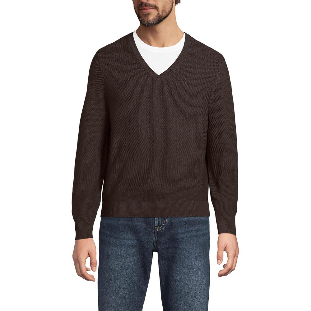 imageLands End Mens Long Sleeve Washable Merino Wool V Neck SweaterRich Coffee
