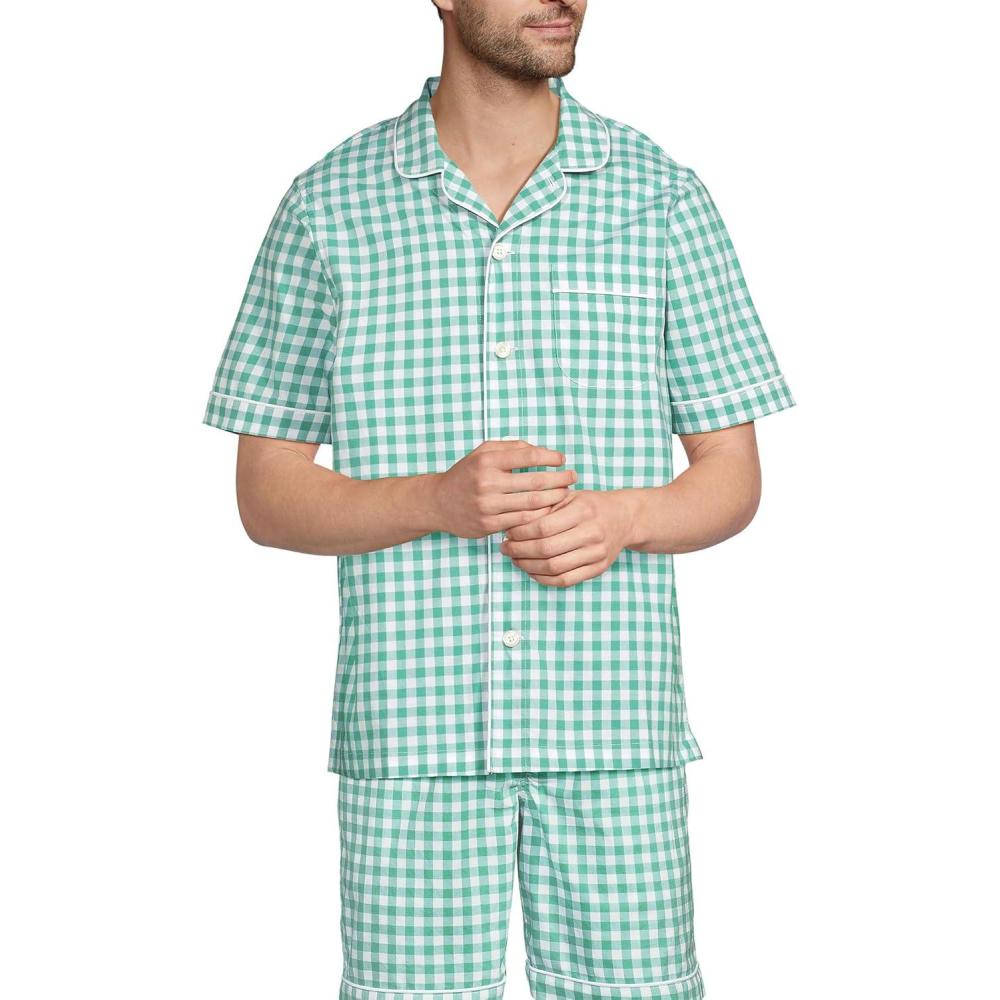 imageLands End Mens Short Sleeve Essential Pajama ShirtBay Water Green Check