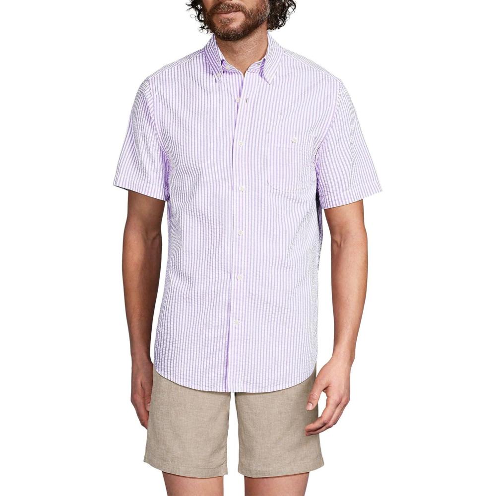 imageLands End Mens Short Sleeve Seersucker ShirtSoft Orchid Banker Stripe