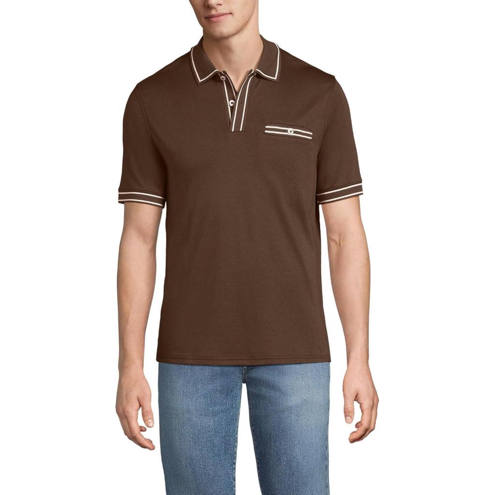 imageLands End Mens Short Sleeve Tipped Welt Pocket AmericanGrown Supima Cotton PoloDark Walnut Brown