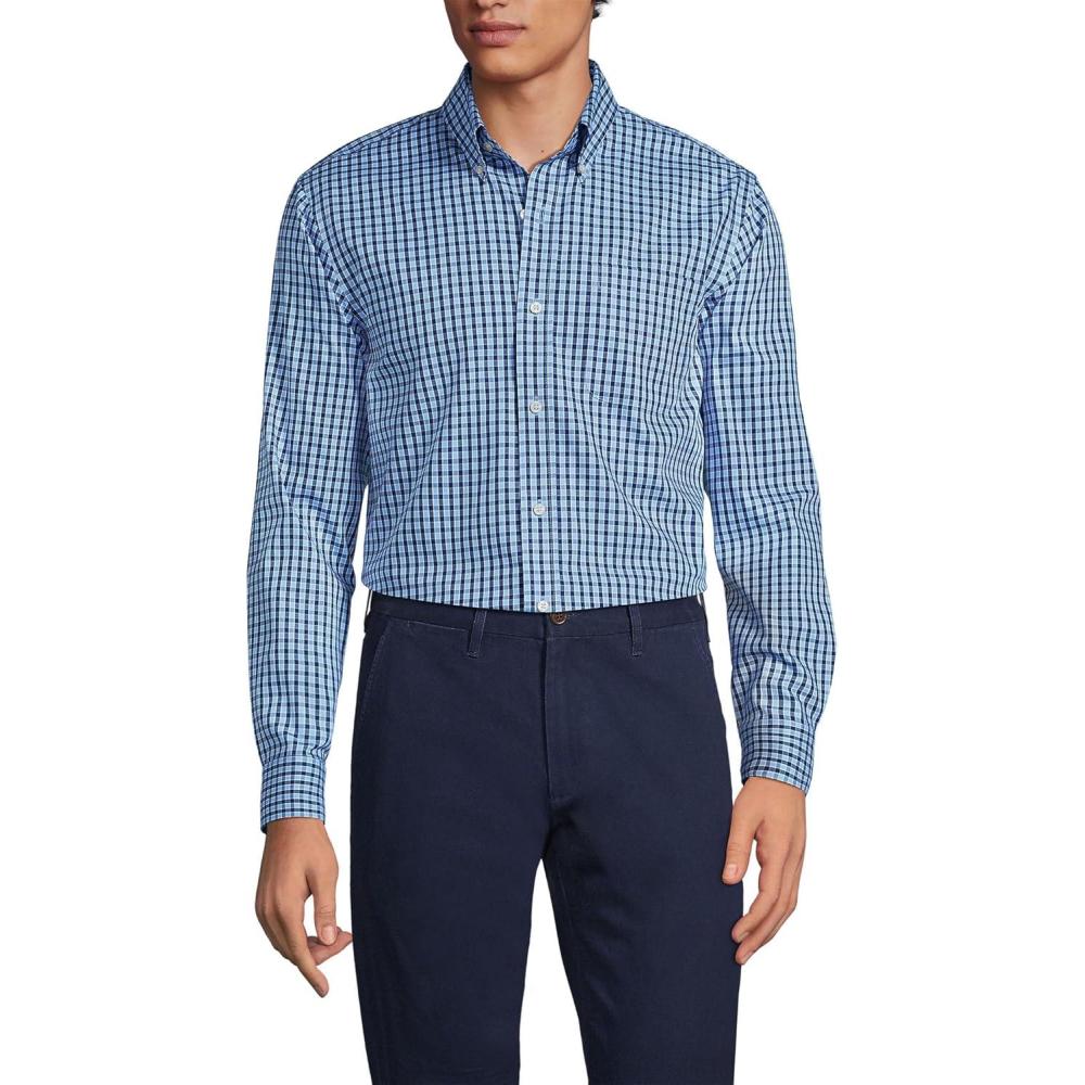 imageLands End Mens Tailored Fit No Iron Solid AmericanGrown Supima Cotton Pinpoint Buttondown Collar Dress ShirtDeep Sea NavyFresh Blue Plaid