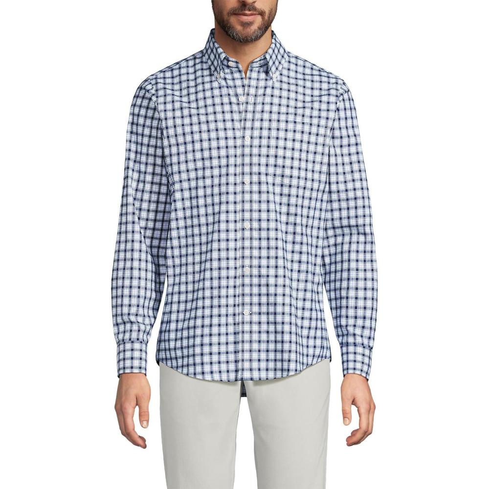 imageLands End Mens Tailored Fit No Iron Twill Long Sleeve ShirtDeep Sea NavyTourmaline Plaid