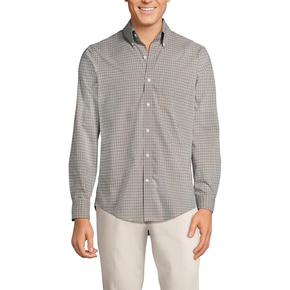 imageLands End Mens Tailored Fit No Iron Twill Long Sleeve ShirtLight Mushroom Check