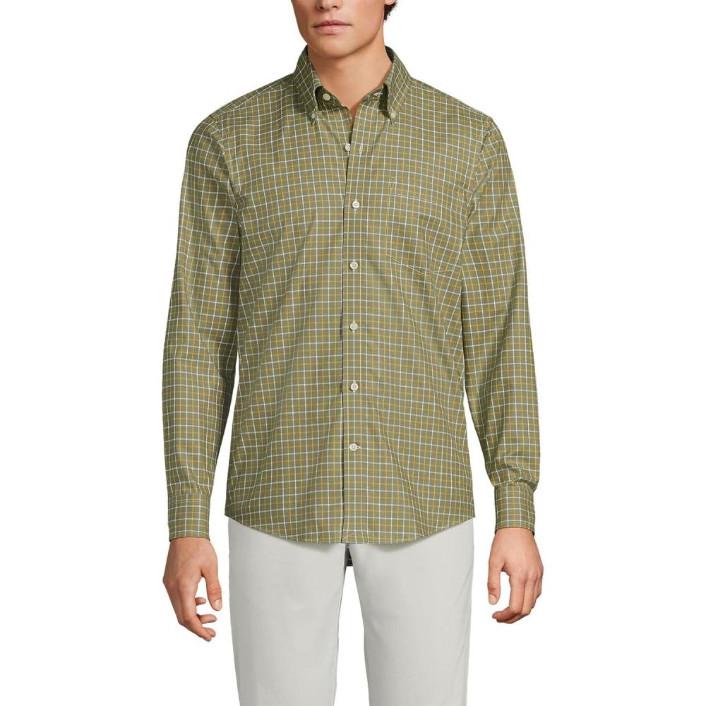 imageLands End Mens Tailored Fit No Iron Twill Long Sleeve ShirtRiver Stone GreenGold Plaid