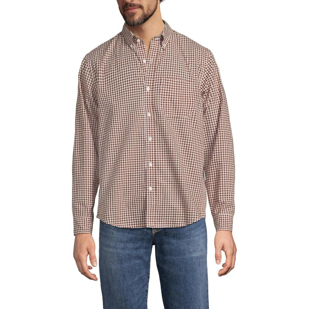 imageLands End Mens Traditional Fit Essential Lightweight Poplin ShirtBrownWhite Gingham