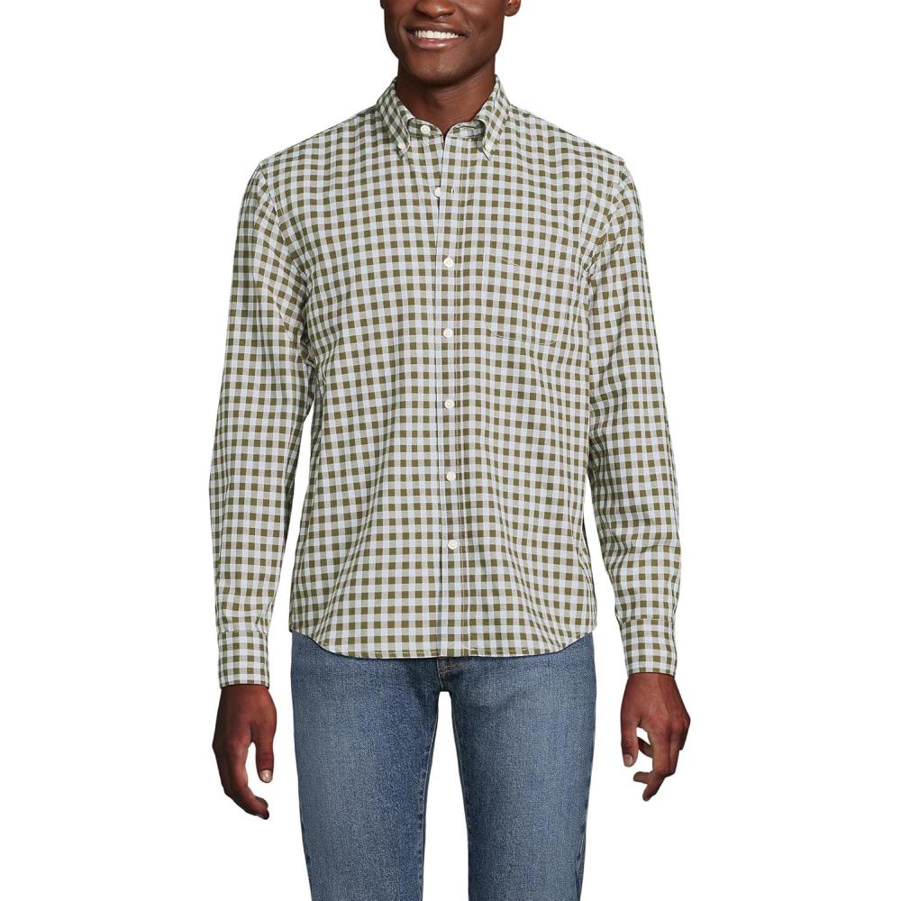 imageLands End Mens Traditional Fit Essential Lightweight Poplin ShirtOlive Drab Gingham