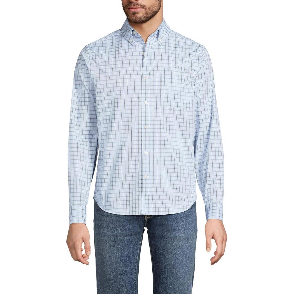 imageLands End Mens Traditional Fit Long Sleeve Travel Kit ShirtClearlake Blue Plaid