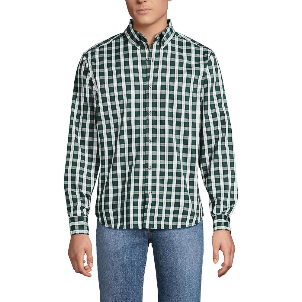 imageLands End Mens Traditional Fit Long Sleeve Travel Kit ShirtPine ValleyBlack Plaid