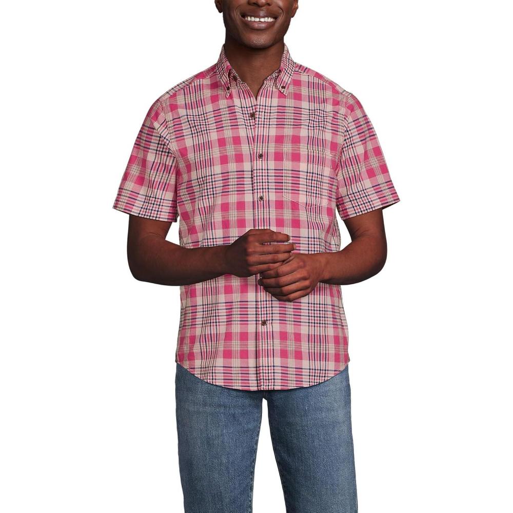 imageLands End Mens Traditional Fit Short Sleeve Madras ShirtSpiced RhubarbPeach Plaid