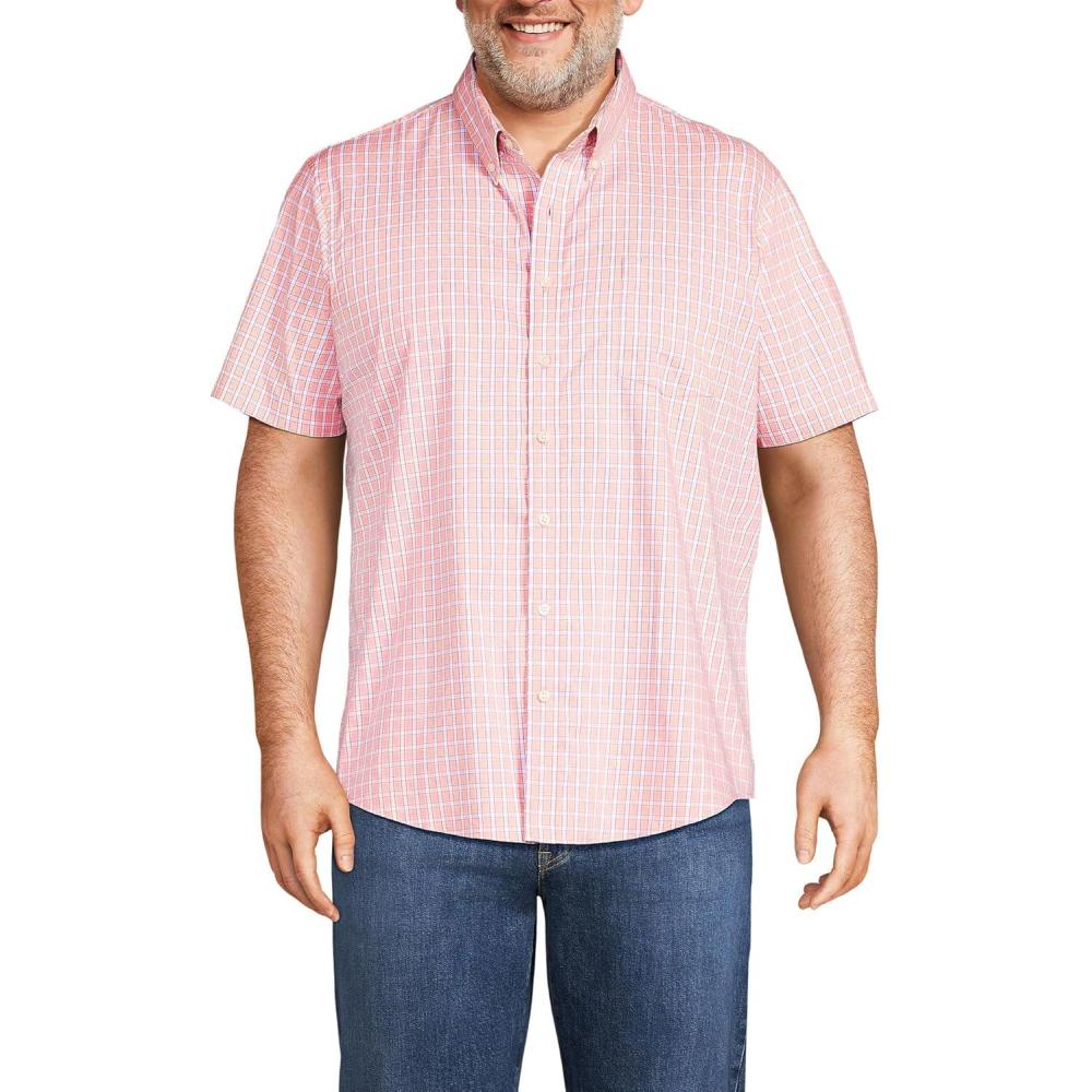 imageLands End Mens Traditional Fit Short Sleeve Travel Kit ShirtCrisp PeachCobalt Plaid