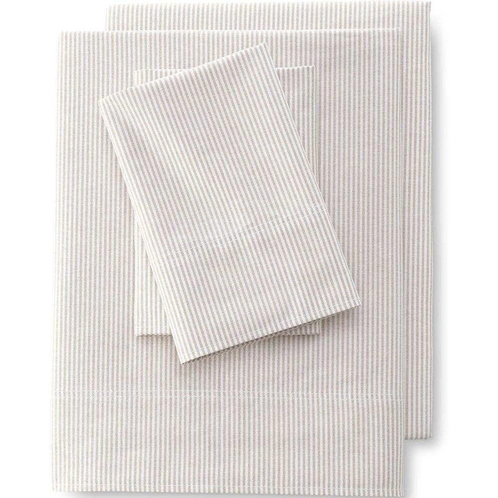 imageLands End Oxford Stripe Sheet Set Deep Sea Navy Stripe TwinClassic Khaki Stripe
