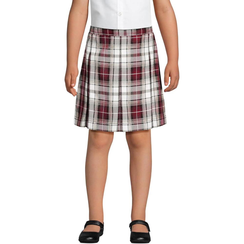 imageLands End School Uniform Girls Plaid Box Pleat Skirt Top of The KneeGarnetKhaki Plaid