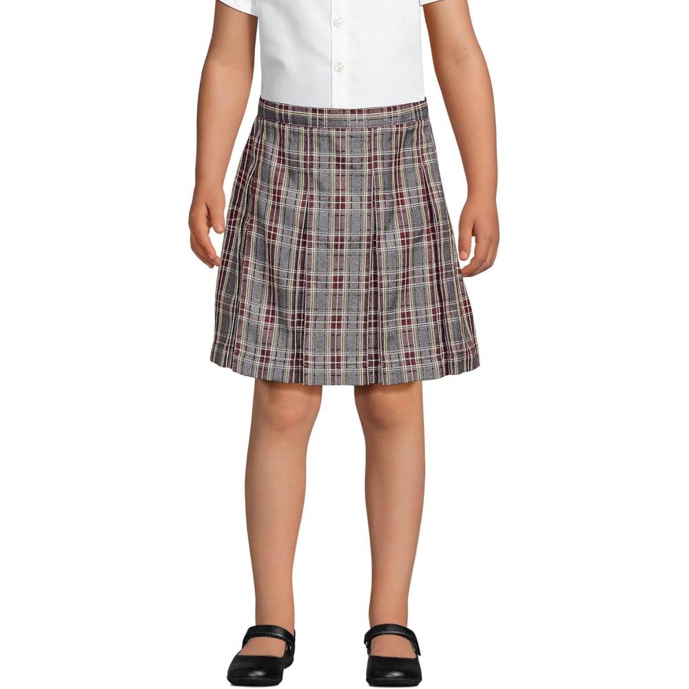 imageLands End School Uniform Girls Plaid Box Pleat Skirt Top of The KneeGray HeatherMaroon Plaid