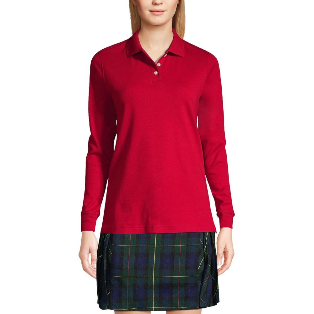 imageLands End School Uniform Kids Long Sleeve Interlock Polo ShirtRed