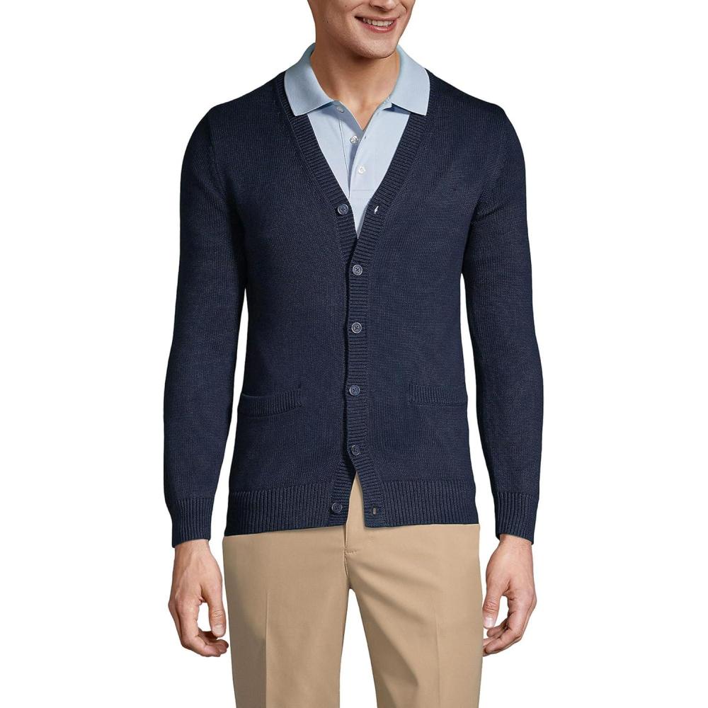 imageLands End School Uniform Mens Cotton Modal Button Front Cardigan SweaterClassic Navy