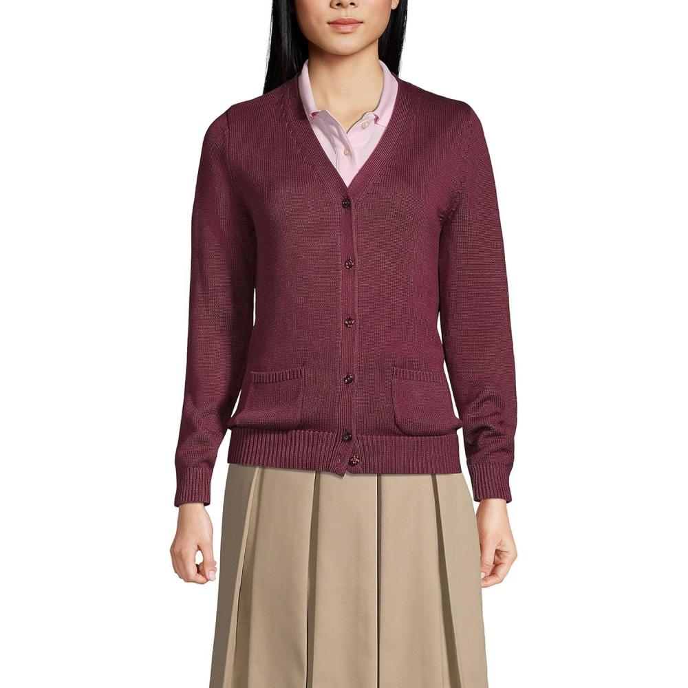 imageLands End School Uniform Womens Cotton Modal Button Front Cardigan SweaterBurgundy