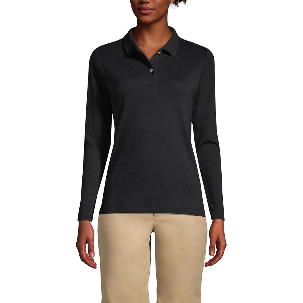 imageLands End School Uniform Womens Long Sleeve Feminine Fit Interlock Polo ShirtBlack