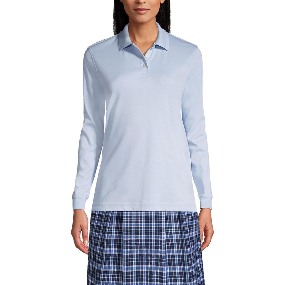 imageLands End School Uniform Womens Long Sleeve Feminine Fit Interlock Polo ShirtBlue