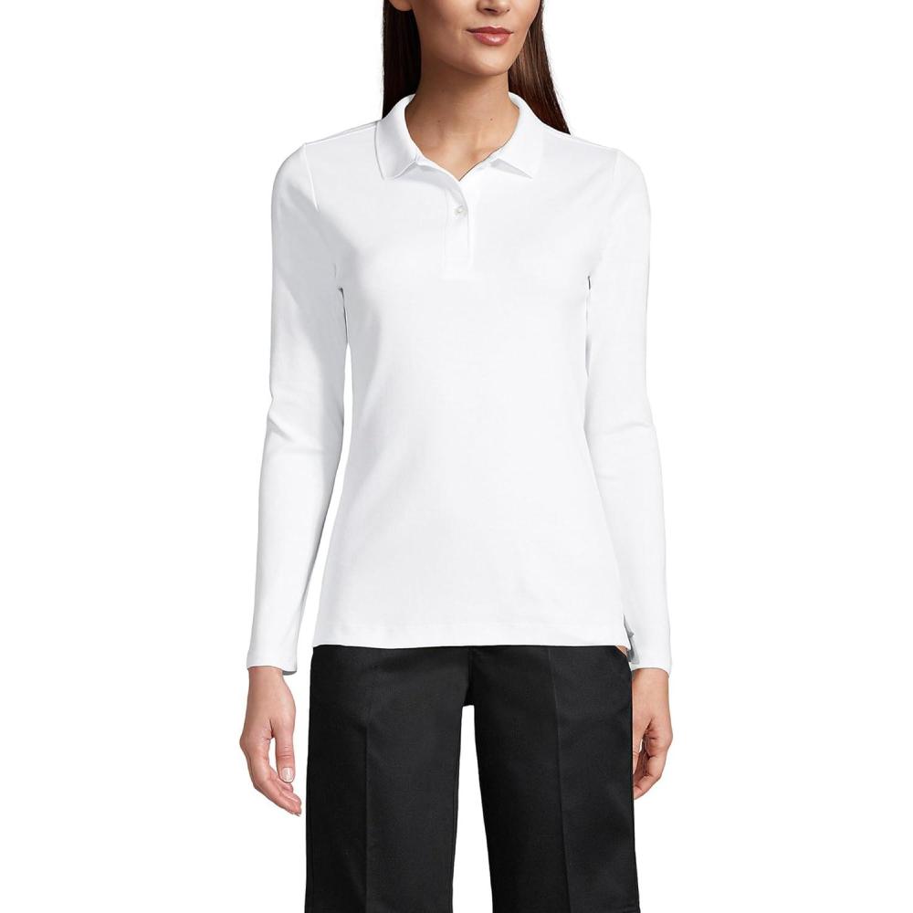imageLands End School Uniform Womens Long Sleeve Feminine Fit Mesh Polo ShirtWhite