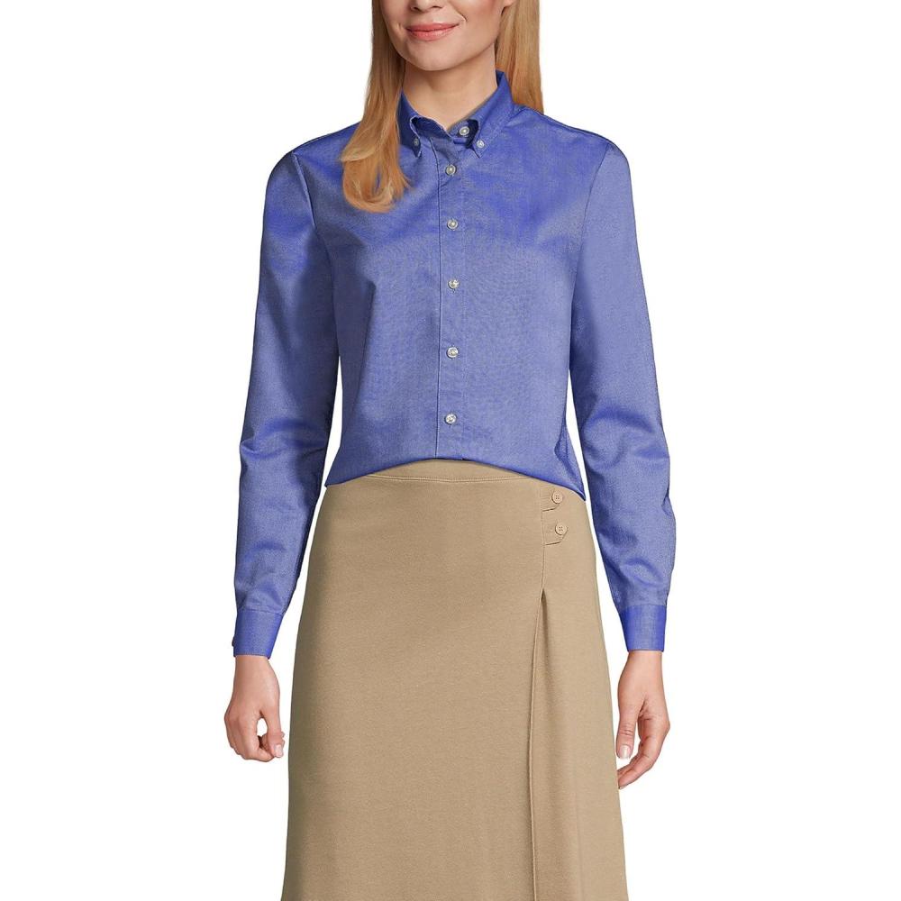 imageLands End School Uniform Womens Long Sleeve Oxford Dress ShirtFrench Blue
