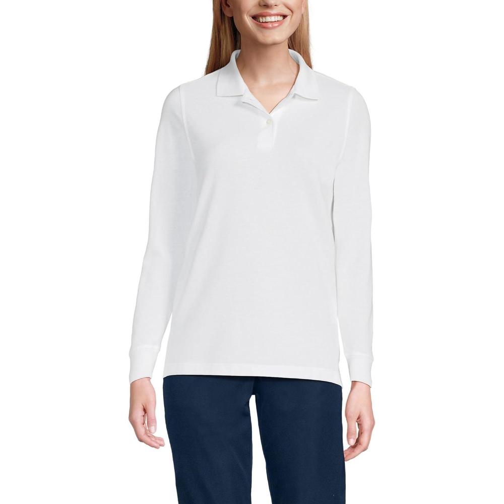 imageLands End School Uniform Young Womens Long Sleeve Mesh Polo ShirtWhite