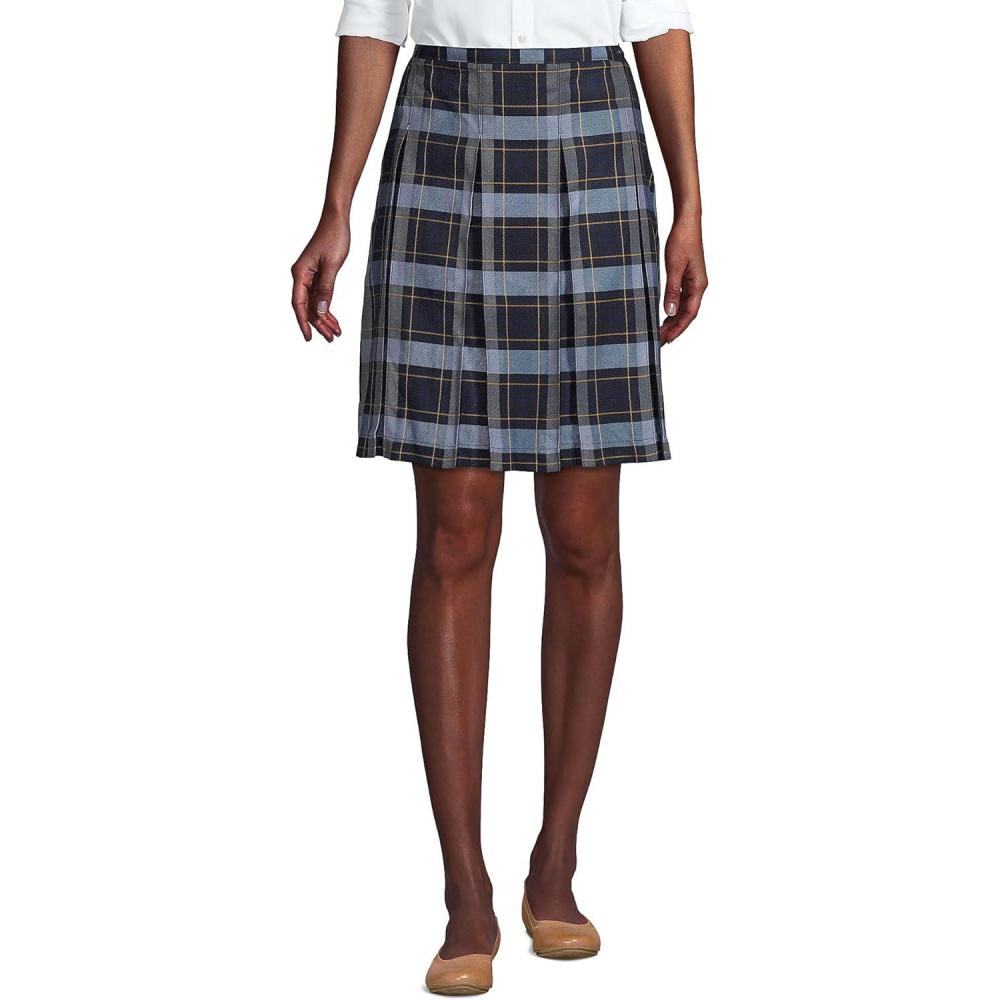 imageLands End School Uniform Young Womens Plaid Box Pleat Skirt Top of The KneeClassic Navy Plaid