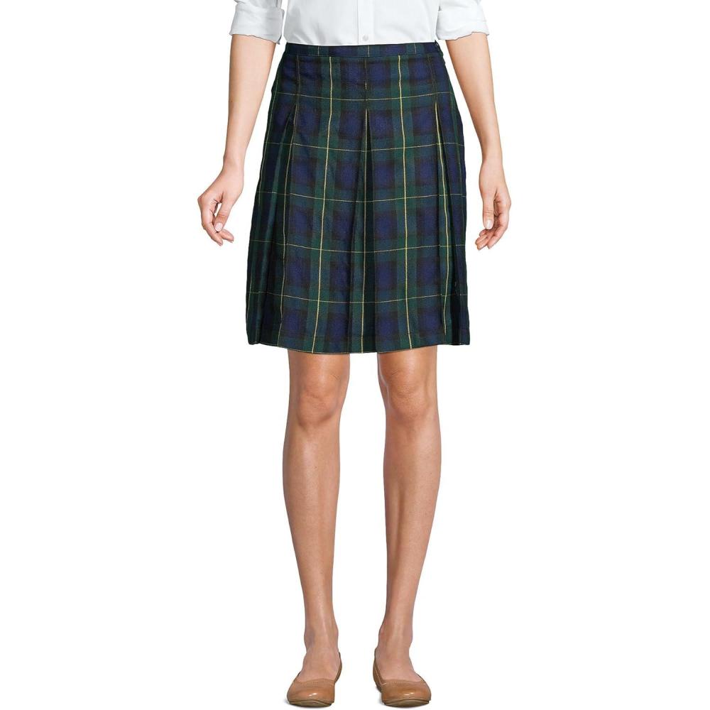 imageLands End School Uniform Young Womens Plaid Box Pleat Skirt Top of The KneeHunterClassic Navy Plaid